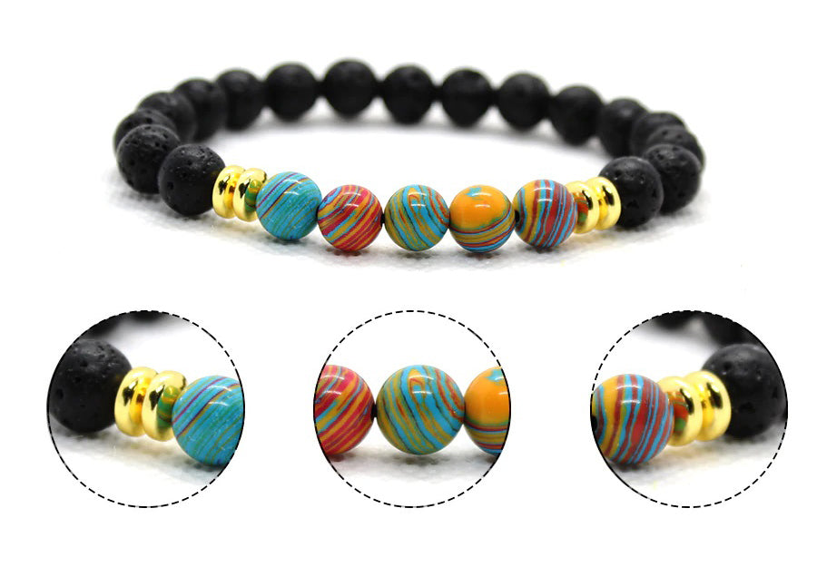 BRACELET WITH LAVA STONE AND MULTI-COLOURED MALACHITE