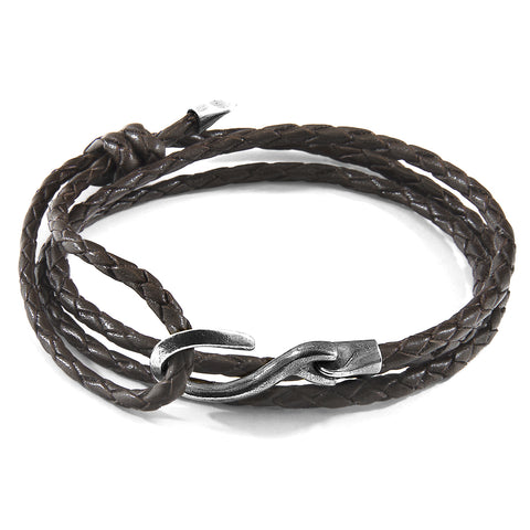 Dark Brown Heysham Silver and Braided Leather Bracelet