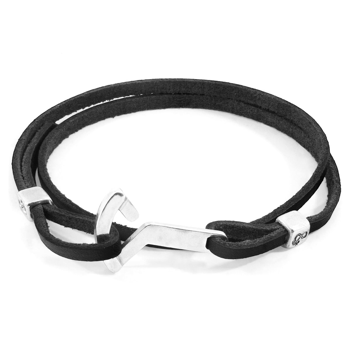 Coal Black Flyak Anchor Silver and Flat Leather Bracelet