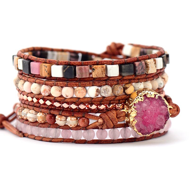 NATURAL STONE BRACELET WITH MAGENTA DRUZY CRYSTAL