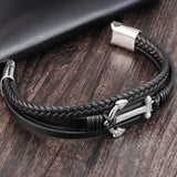 Multilayered Black Leather Wristband with Anchor