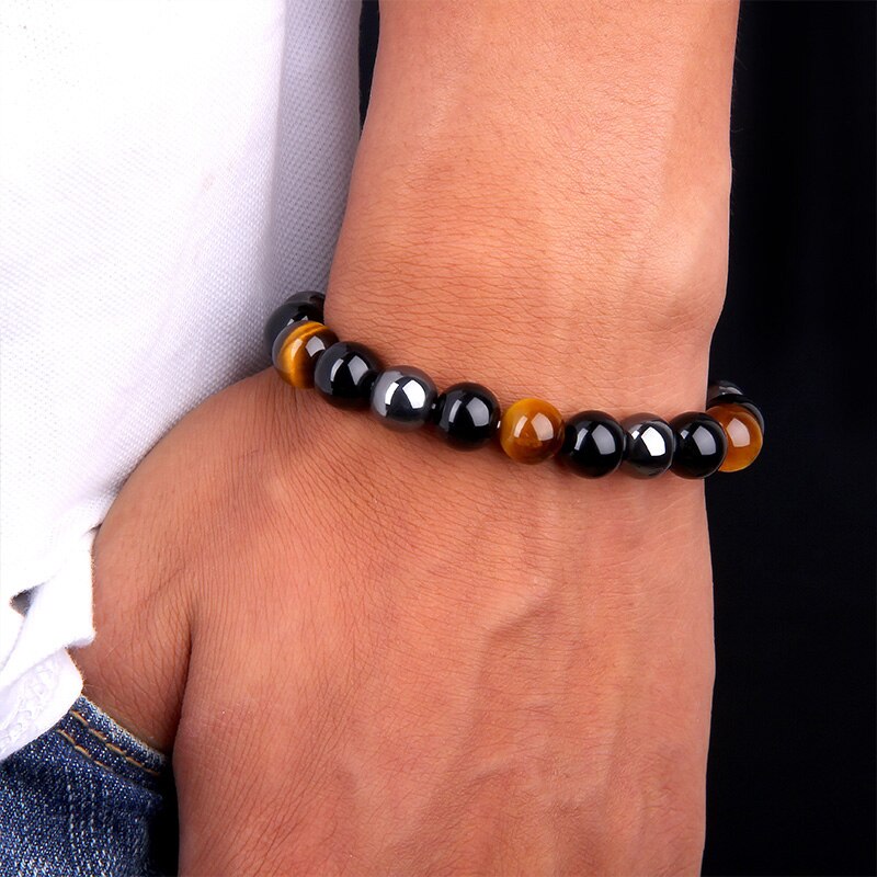 THREE-STONE BRACELET WITH TIGER EYE, HEMATITE AND BLACK OBSIDIAN