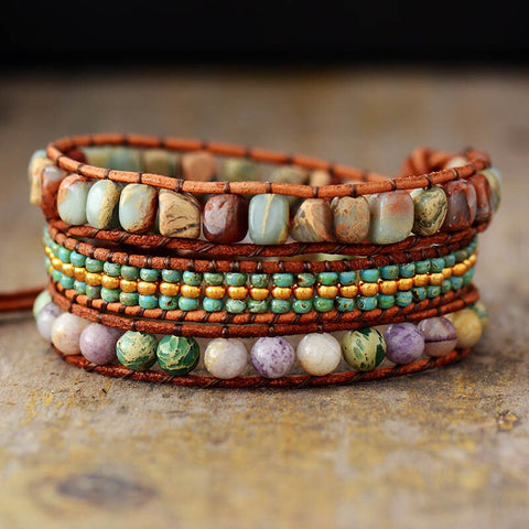 MULTI STRAND JASPER AND LEATHER WRAP BRACELET