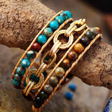 LEATHER WRAP BRACELET WITH JASPER AND CHAIN