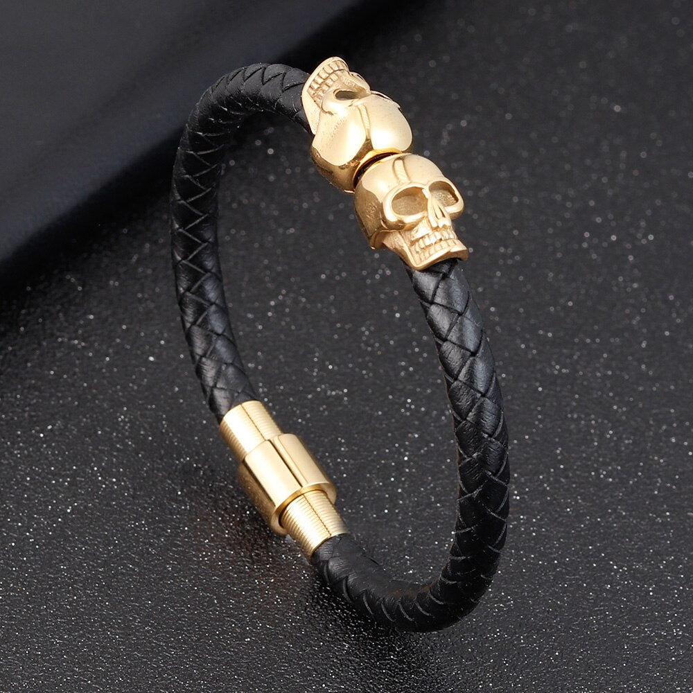 Hyperbole Braided Leather Skull Bracelet