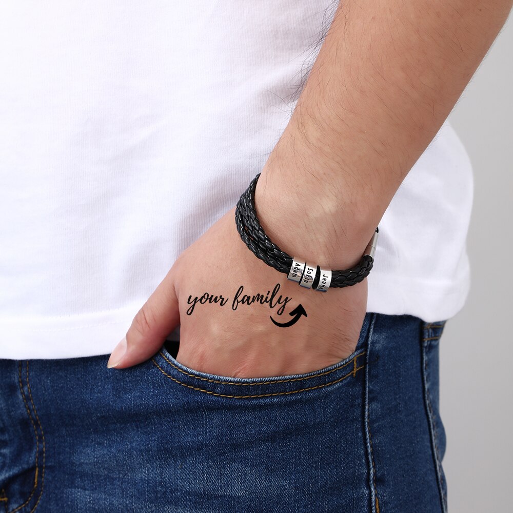 Personalized Braided Rope Leather Bracelet with Sterling Silver Beads