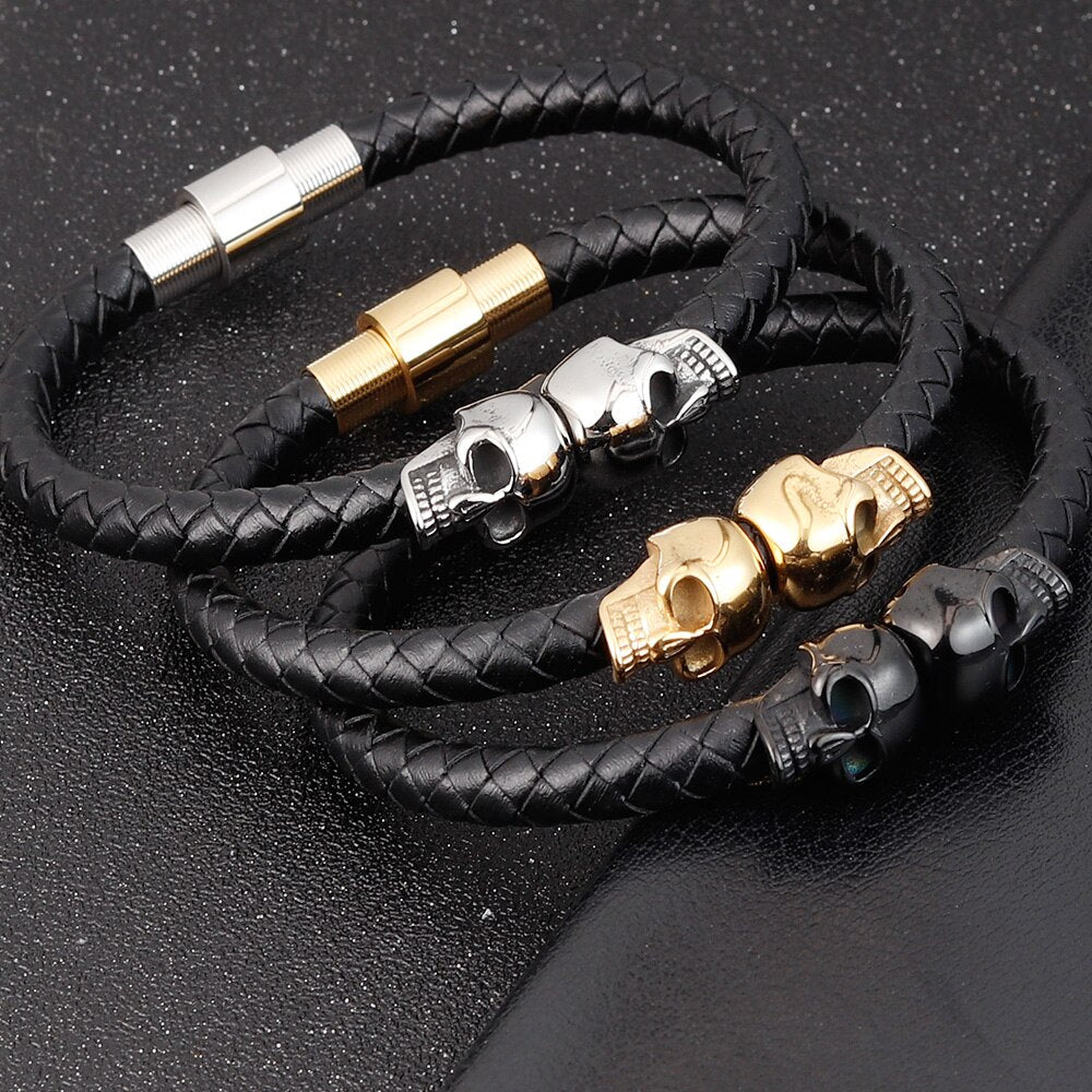 Hyperbole Braided Leather Skull Bracelet