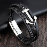 Multilayered Black Leather Wristband with Anchor