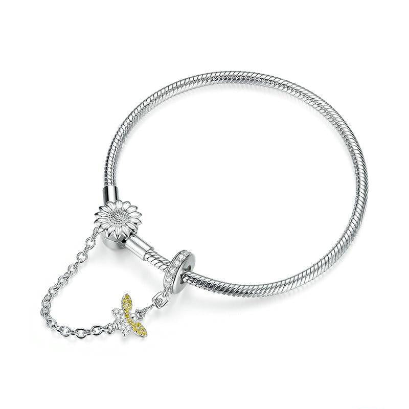 SUNFLOWER AND HONEYBEE Sterling Silver Snake-Chain Charm Bracelet