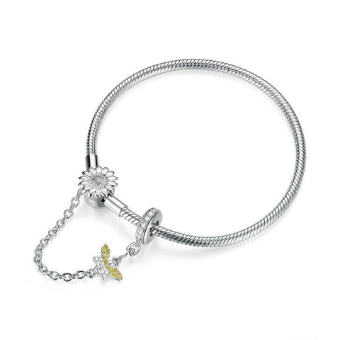 SUNFLOWER AND HONEYBEE Sterling Silver Snake-Chain Charm Bracelet