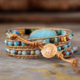 MULTILAYERED LEATHER WRAP BRACELET WITH AMAZONITE