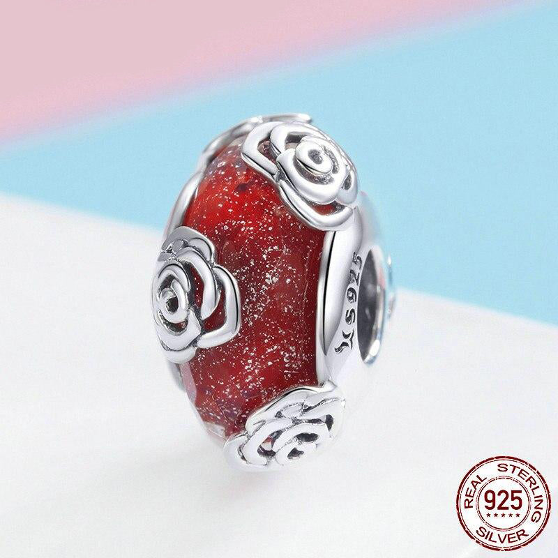 ROSES ON RED Murano Sterling Silver Charm
