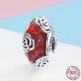 ROSES ON RED Murano Sterling Silver Charm