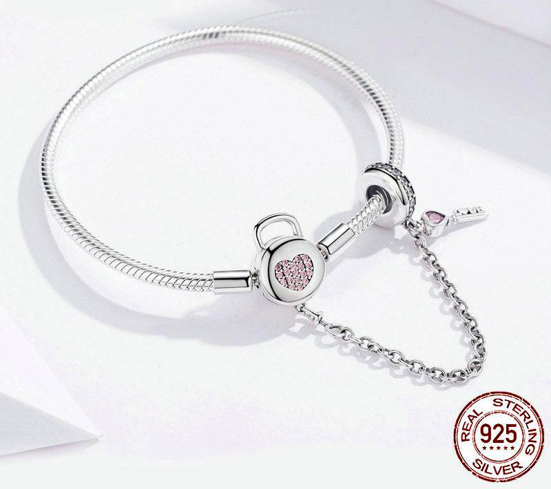 HEART LOCK AND KEY Sterling Silver Snake-Chain Charm Bracelet