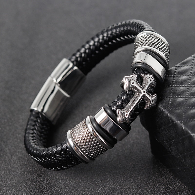 Leather and Stainless Steel Cross Wristband