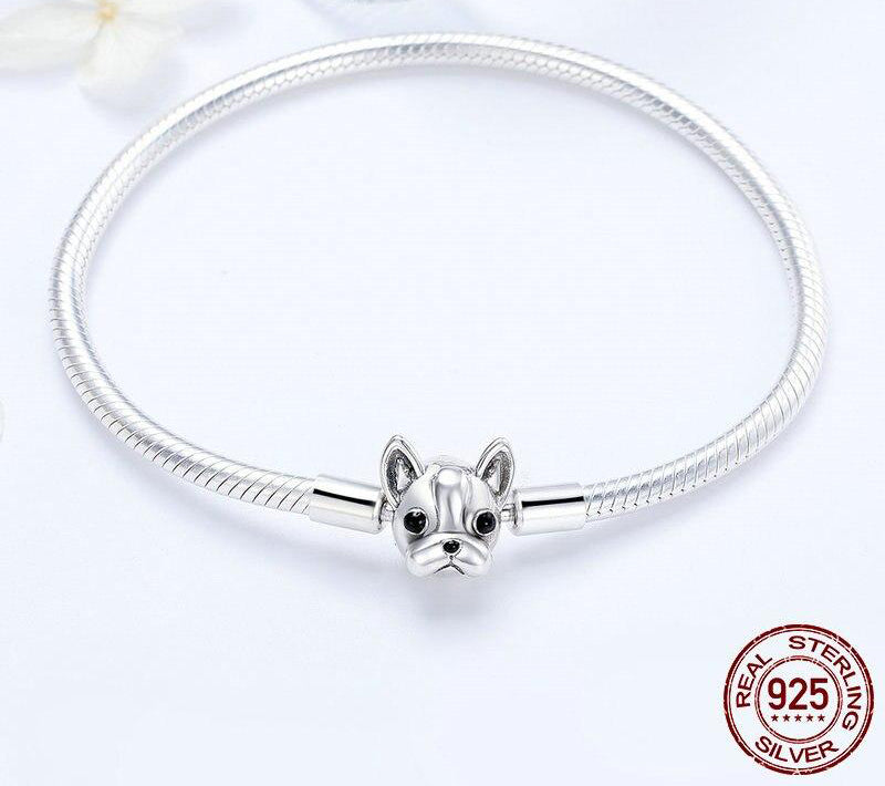 CUTE FRENCH BULLDOG Sterling Silver Snake-Strand Charm Bracelet