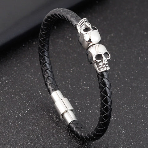 Hyperbole Braided Leather Skull Bracelet