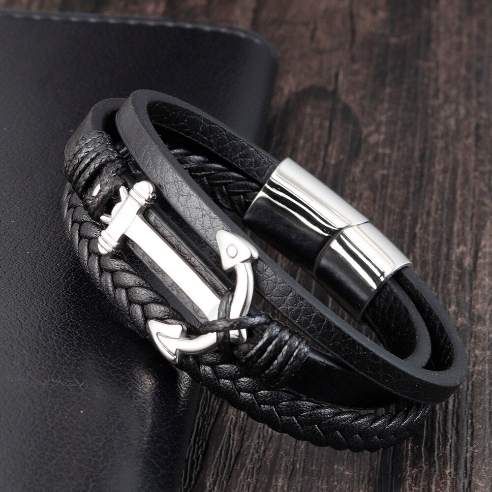 Multilayered Black Leather Wristband with Anchor