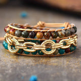 LEATHER WRAP BRACELET WITH JASPER AND CHAIN