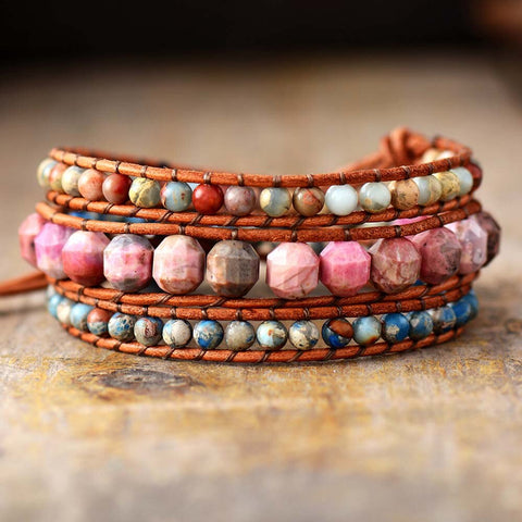 LEATHER WRAP BRACELET WITH PINK RHODONITE