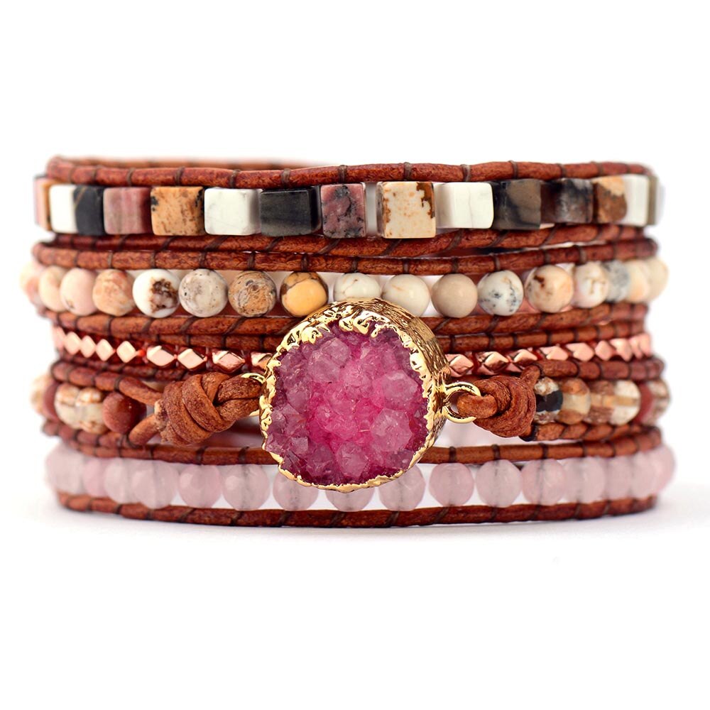 NATURAL STONE BRACELET WITH MAGENTA DRUZY CRYSTAL