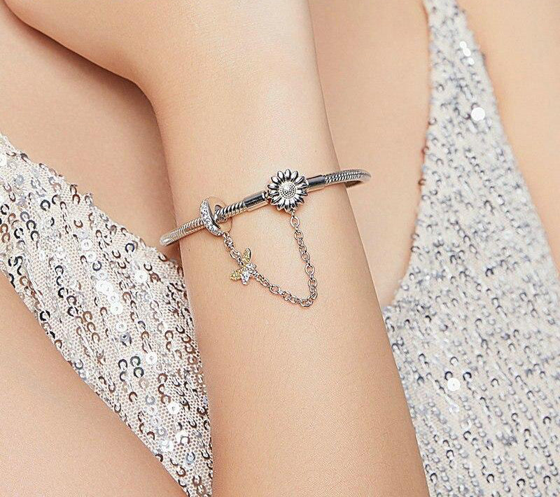 SUNFLOWER AND HONEYBEE Sterling Silver Snake-Chain Charm Bracelet