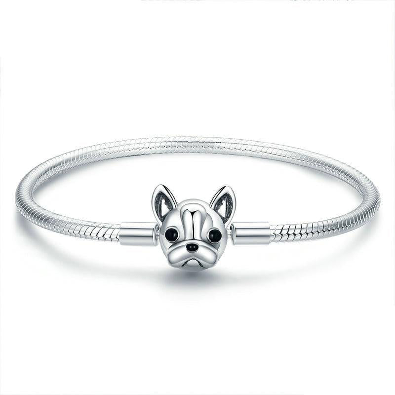 CUTE FRENCH BULLDOG Sterling Silver Snake-Strand Charm Bracelet