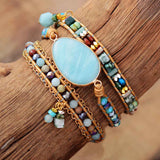 MULTILAYERED LEATHER WRAP BRACELET WITH AMAZONITE