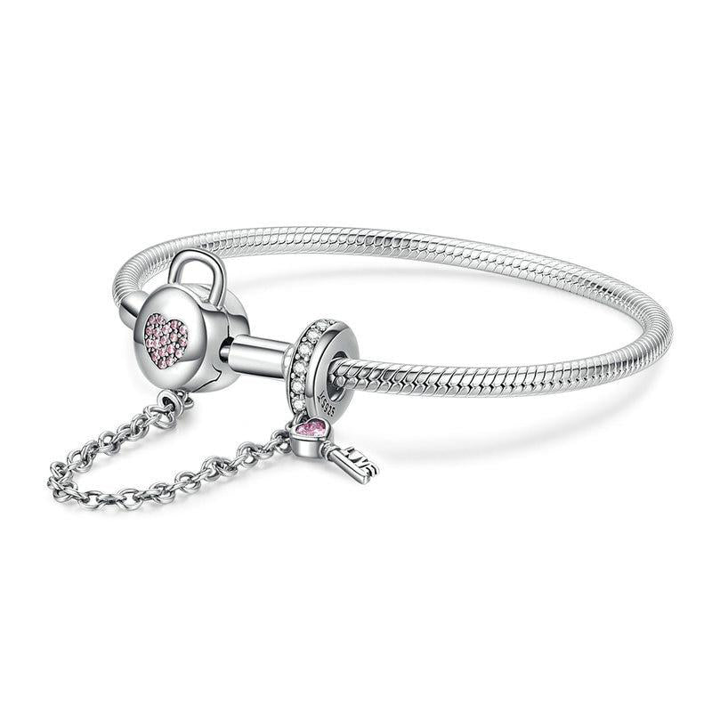 HEART LOCK AND KEY Sterling Silver Snake-Chain Charm Bracelet