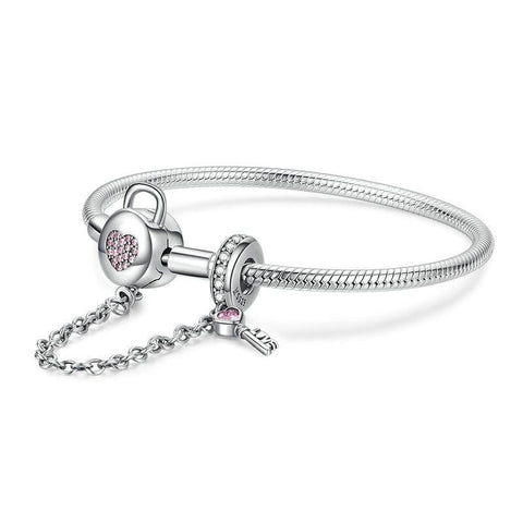 HEART LOCK AND KEY Sterling Silver Snake-Chain Charm Bracelet