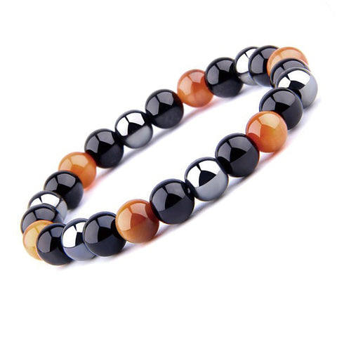 THREE-STONE BRACELET WITH BRONZE TIGER EYE, HEMATITE AND BLACK ONYX