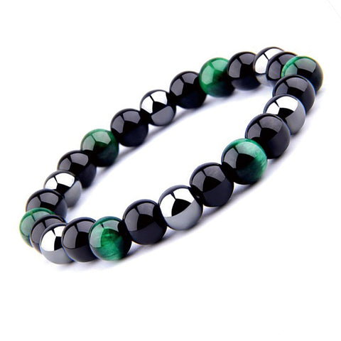 THREE-STONE BRACELET WITH GREEN TIGER EYE, HEMATITE AND BLACK ONYX