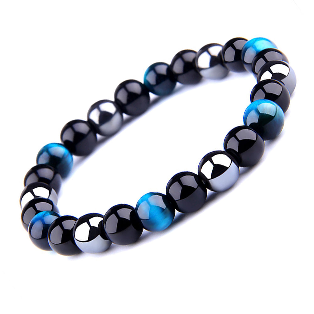 THREE-STONE BRACELET WITH AZURE TIGER EYE, HEMATITE AND BLACK ONYX