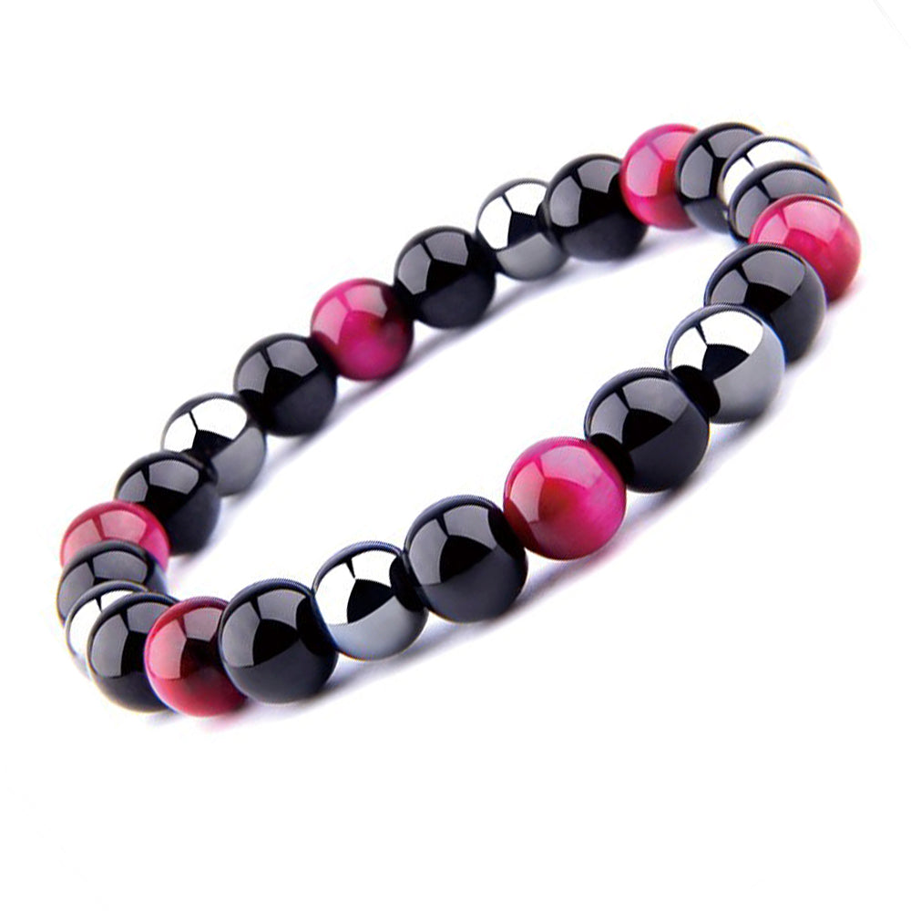 THREE-STONE BRACELET WITH CERISE TIGER EYE, HEMATITE AND BLACK ONYX
