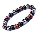 THREE-STONE BRACELET WITH DARK RED TIGER EYE, HEMATITE AND BLACK ONYX
