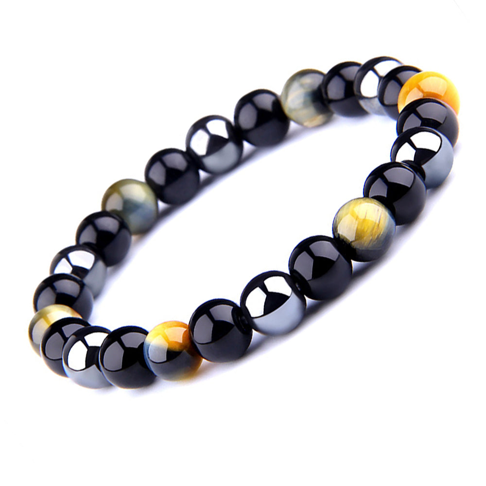 THREE-STONE BRACELET WITH AMBER GOLD TIGER EYE, HEMATITE AND BLACK ONYX