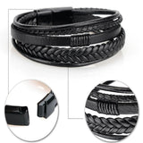 Black Leather Multilayer Bracelet with Black Clasp
