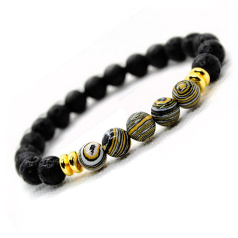 BRACELET WITH LAVA STONE AND BLACK-GOLD MALACHITE