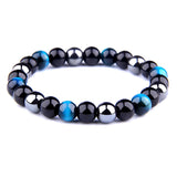 THREE-STONE BRACELET WITH AZURE TIGER EYE, HEMATITE AND BLACK ONYX