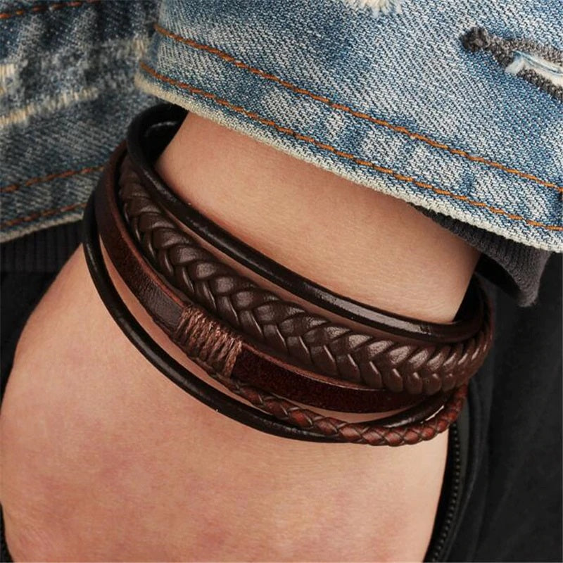 Brown Leather Multilayer Bracelet with Black Clasp