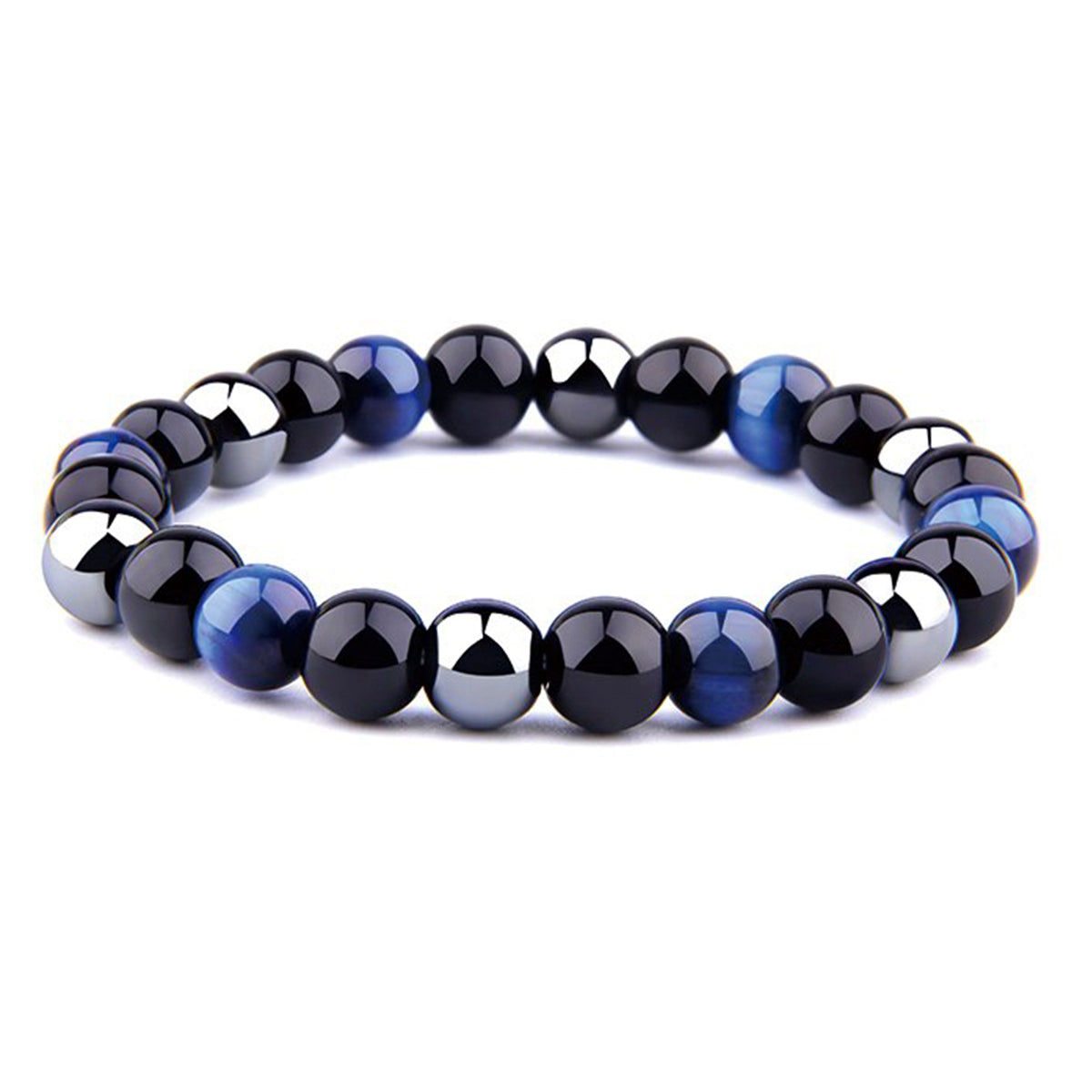 THREE-STONE BRACELET WITH DARK BLUE TIGER EYE, HEMATITE AND BLACK ONYX