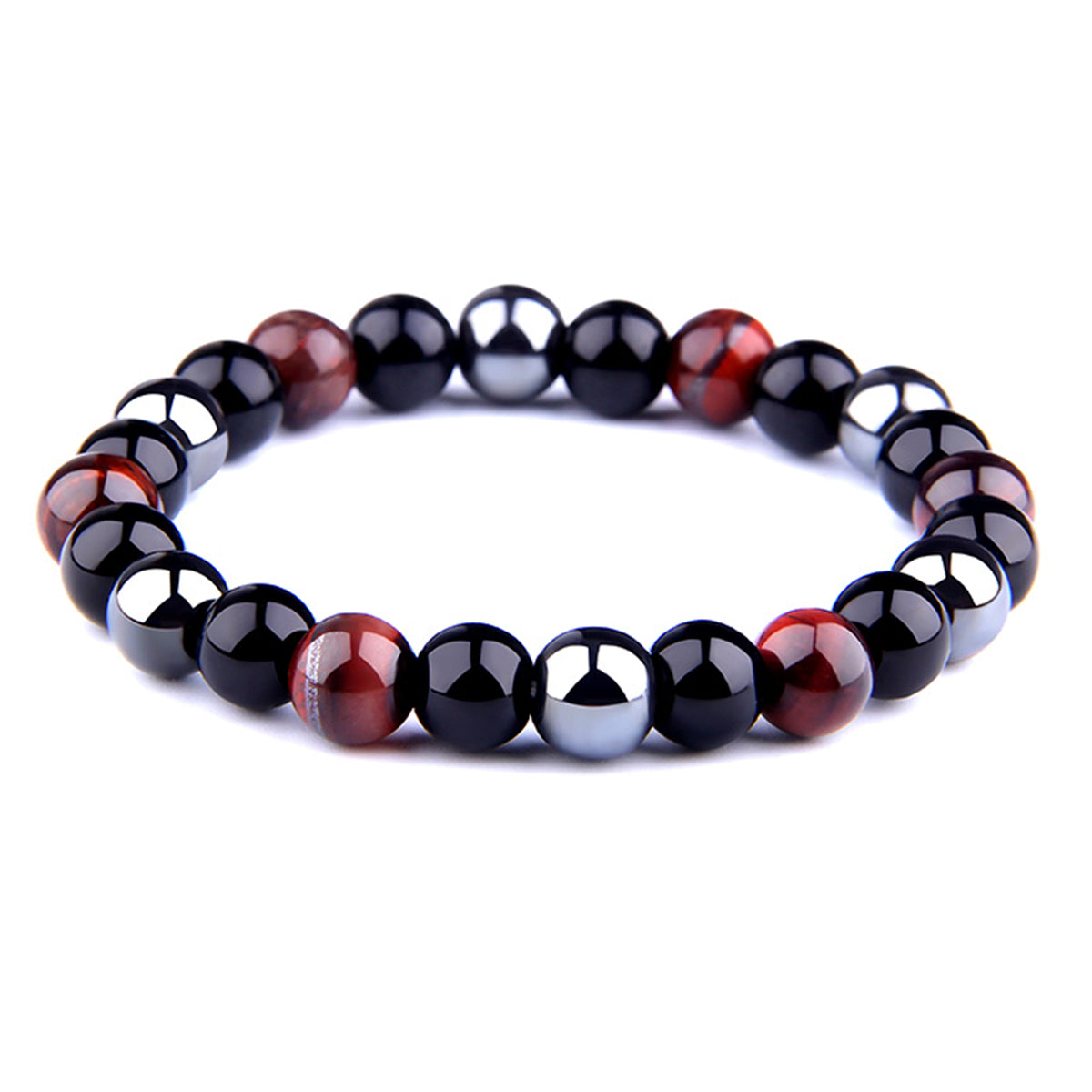THREE-STONE BRACELET WITH DARK RED TIGER EYE, HEMATITE AND BLACK ONYX