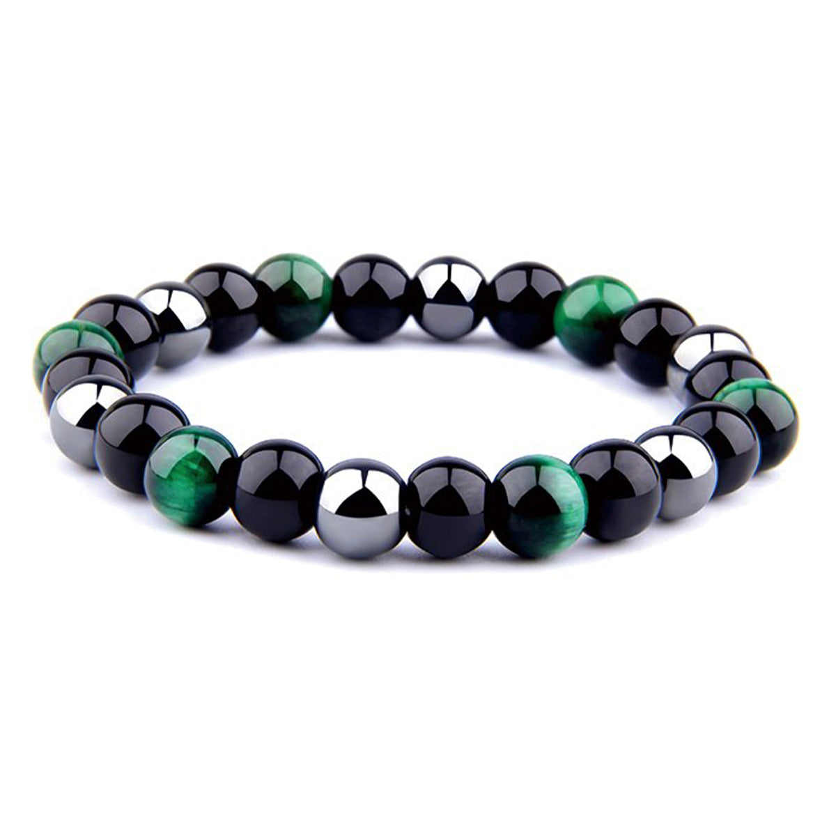 THREE-STONE BRACELET WITH GREEN TIGER EYE, HEMATITE AND BLACK ONYX