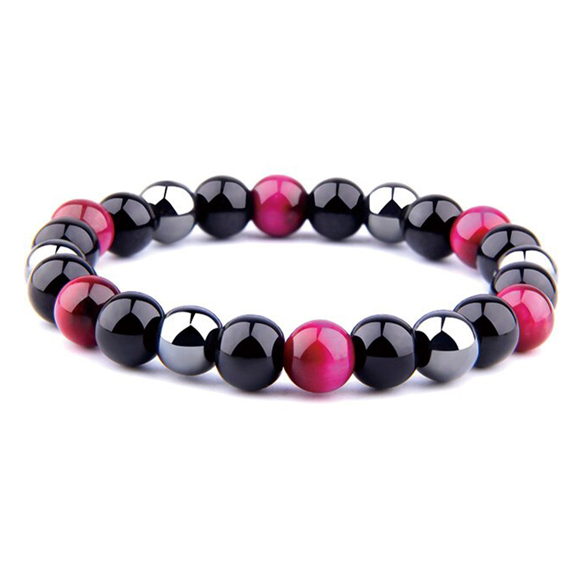 THREE-STONE BRACELET WITH CERISE TIGER EYE, HEMATITE AND BLACK ONYX