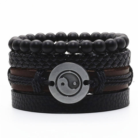 YIN YANG BLACK Multilayer Vintage Leather Wrap Bracelet