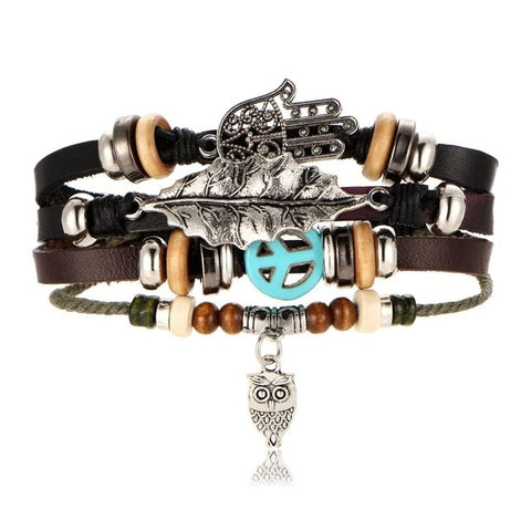 NIGHT OWL Multilayer Vintage Leather Wrap Bracelet