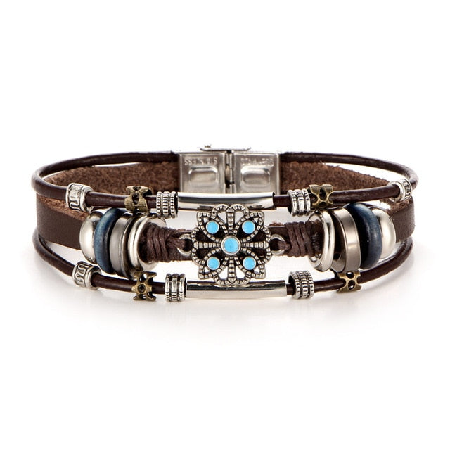 BLUE FLOWER Vintage Leather Bracelet