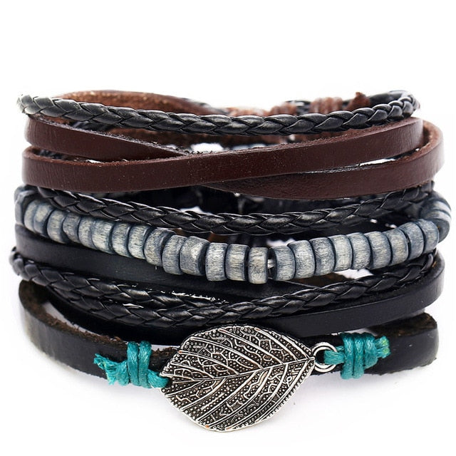 SWEET LEAF Multilayer Vintage Leather Wrap Bracelet