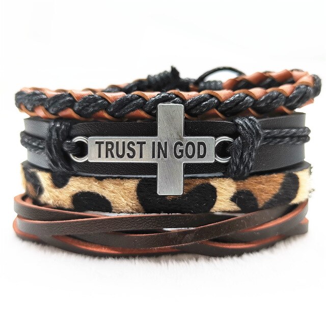 TRUST IN GOD Multilayer Vintage Leather Wrap Bracelet
