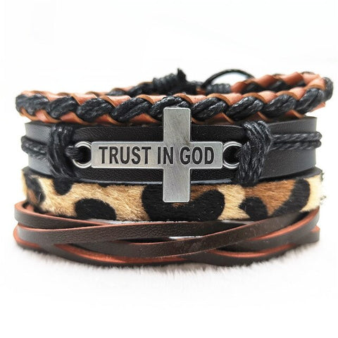 TRUST IN GOD Multilayer Vintage Leather Wrap Bracelet